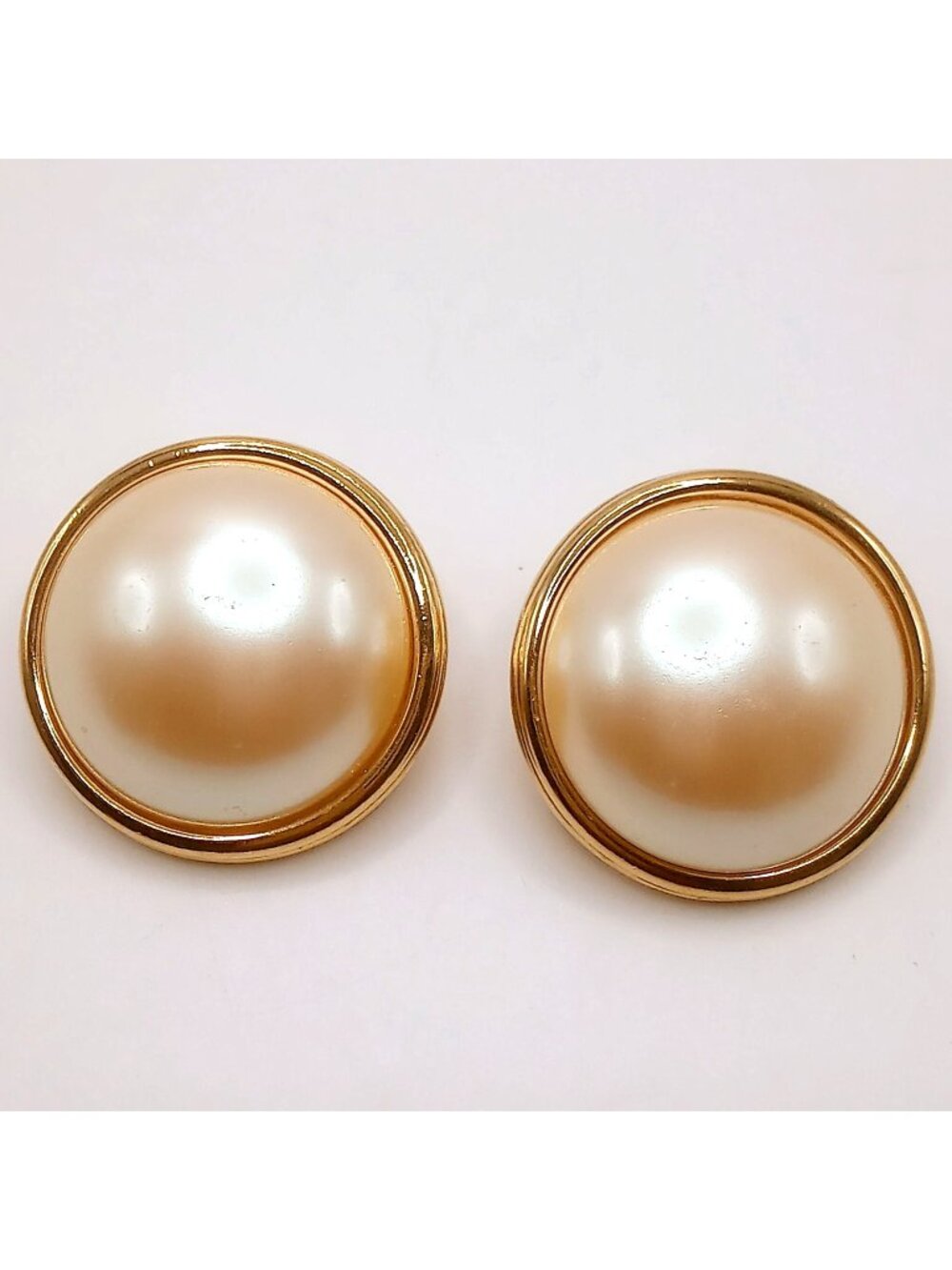 Vintage Monet Gold-Tone Round Faux Pearl Cabochon Clip-On Statement Earrings 1"